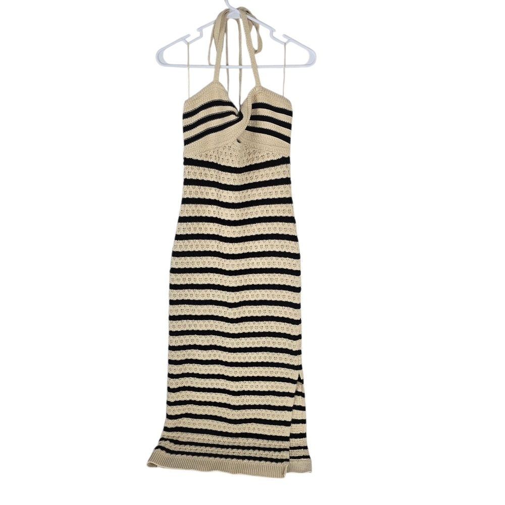 House of Harlow Crochet Striped Halter Neck Midi Dress Size M Cream/Black Cutout